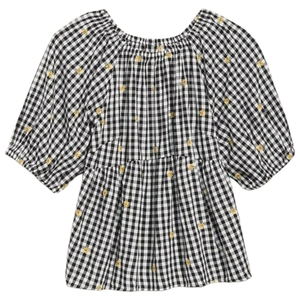 Gingham Patterned Puff-Sleeve Swing Babydoll Top Embroidery Daisy Flowers - Picture 3 of 8